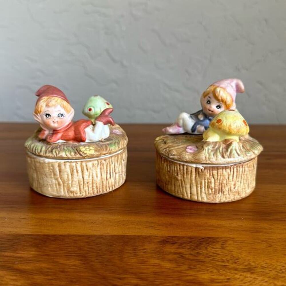 HOMCO Ceramic Elf/ Pixie Mushroom Vintage Trinket‎ Box #5404 set of 2